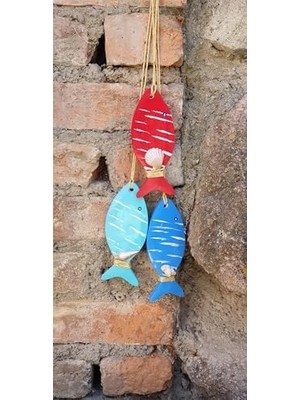 Skygo Dekoratif Balık Duvar Süsü, 3'lü Set, Kırmızı ve Mavi Tonları, Deniz Kabuğu Detaylı