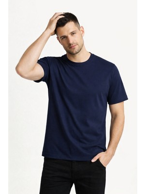 Justas Erkek Compack Penye Bisiklet Yaka Avrupa Kalıp Kısa Kol T-Shirt Lacivert