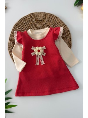 Miniğimin Cicileri Çiçek  Detaylı Kız Bebek 2 Li Elbise Takım - Kırmızı