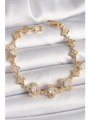 Vice Avm Pirinç Gold Renk Zirkon Taşlı Yonca Model Kadın Bileklik - TJ-BB6812 TG-V 8522