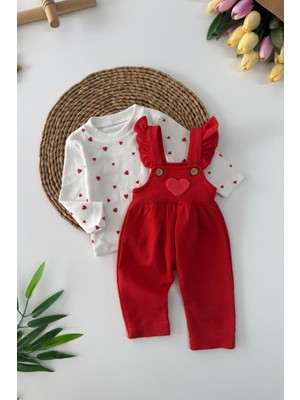 Miniğimin Cicileri Kalp Detaylı Kız Bebek 2 Li Tulum Takım - Kırmızı