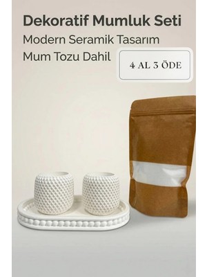 Zuri Design Bohem Dekoratif Beton Mumluk Seti - Beyaz File Dokulu Tasarım + 100 gr Mum Tozu Hediye