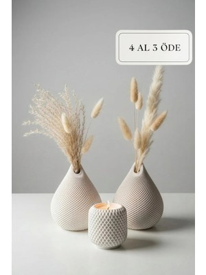 Zuri Design Bohem Damla Şekilli Beton Biblo Seti – Beyaz File Dokulu Modern Dekoratif Tasarım