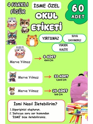 Birikiyedi Okul Etiketi Kalem Defter Etiketi Özel Isim Yazılabilen Etiket 60 Adet Sevimli Kediler