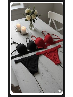 Trend Dokunuş Kadın 2'li Istiridye Model Kırmızı-Siyah Saten Şeritli Tül Detaylı Dolgulu Sütyen Külot Takımı