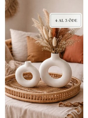 Zuri Design Dekoratif Beton Donut Vazo 2'li Set - Iskandinav Bohem Tarz Halka Masa Üstü Obje