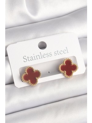 Vice Avm Pirinç Gold Renk Bordo Yonca Model Kadın Küpe - TJ-BKP10360 TG-V 8679