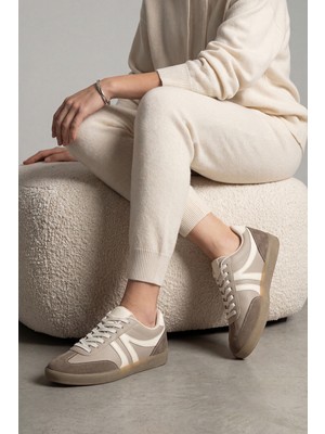Marjin Kadın Sneaker Bağcıklı Düz Taban Spor Ayakkabı Tiyone Vizon Süet Ekru