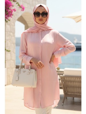 Çizgili Pembe Tesettür Tunik 11746P