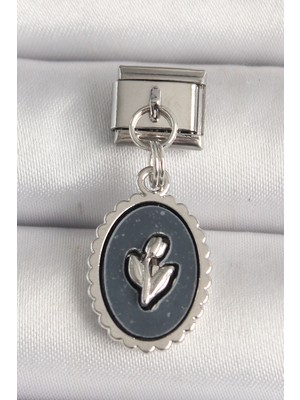 Vice Avm 316L Çelik Gümüş Renk Çiçek İşlemeli Siyah Portre Model Nomination Charm - TJ-BC1215 TG-V 8793