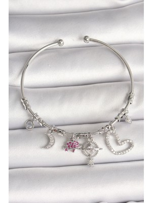 Vice Avm Pirinç Gümüş Renk Sallantı Zirkon Taşlı Gezegen Figür Kalp Detay Charm Kadın Bileklik - TJ-BB6899 TG-V 8780