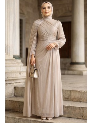 Pelerin Detaylı Taş Tesettür Abiye Elbise 4875TAS