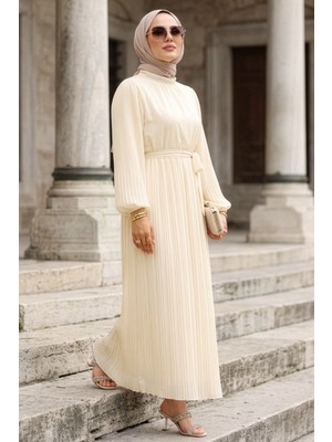 Pileli Ekru Tesettür Elbise 30301E