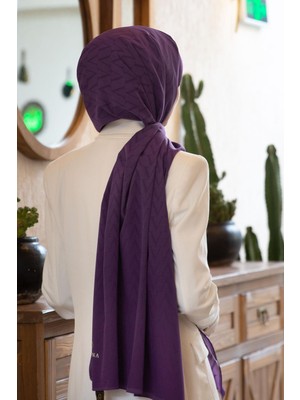 Vissona Lüks Medine Ipeği Degradeli Monogram Desenli Lila Renkli 75X195 Kırışmaz Şal Moss Krep Dikiş Tipi Italyan Dikişli