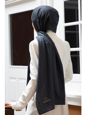 Vissona Lüks Medine Ipeği Degradeli Monogram Desenli Indigo Renkli 75X195 Kırışmaz Şal Moss Krep Dikiş Tipi Italyan Dikişli