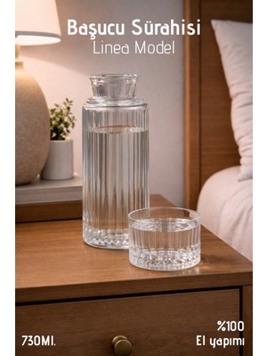 Nandy Home El Yapımı Cam, Linea Modelli Başucu Sürahisi - 730ML. Bardaklı Sürahi