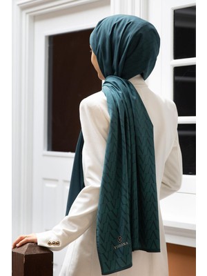 Vissona Lüks Medine Ipeği Degradeli Monogram Desenli Petrol Mavisi Renkli 75X195 Kırışmaz Şal Moss Krep Dikiş Tipi Italyan Dikişli