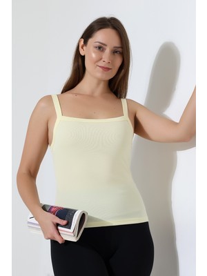 Endies Ribana Kumaş Kare Yaka Kalın Askılı Biyeli Basic Kadın Atlet T-Shirt 22018 Açık Sarı