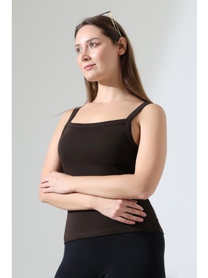 Endies Ribana Kumaş Kare Yaka Kalın Askılı Biyeli Basic Kadın Atlet T-Shirt 22018 Kahve