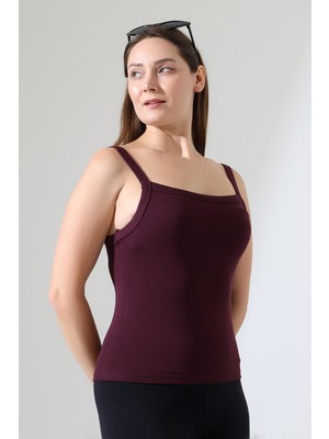 Endies Ribana Kumaş Kare Yaka Kalın Askılı Biyeli Basic Kadın Atlet T-Shirt 22018 Mürdüm