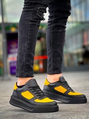 Zapatos Kb-X8 Erkek Günlük Bağcıklı Cilt Süet Spor Sneaker Ayakkabı Csst - Siyah/sarı