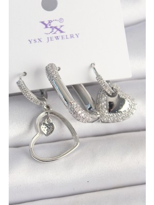 Vice Avm Pirinç Gümüş Renk Sallantı Zirkon Taşlı Kalp Model 3'Lü Kadın Kombin Küpe - TJ-BKP10442 TG-V 8824