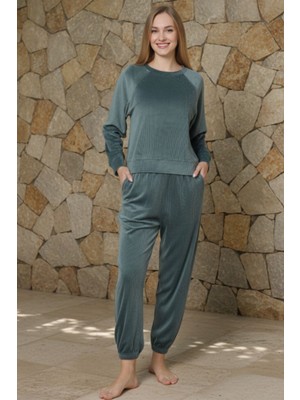 Dofi Kadın Fitilli Kadife Yeşil Pijama Takımı