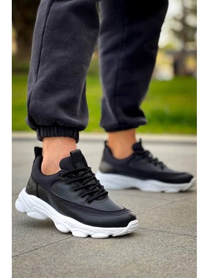 Zapatos KB707 Erkek Günlük Bağcıklı Cilt Triko Spor Sneaker Ayakkabı Ctbt - Siyah