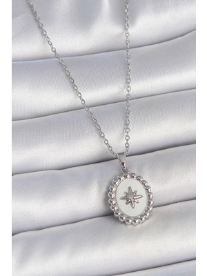 Vice Avm 316L Çelik Gümüş Renk Zincir Beyaz Mineli Kutup Yıldız İşlemeli Madalyon Model Kadın Kolye  TG-VİCE10062 TG-V 8889