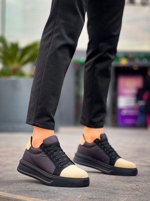 Zapatos KB-X46 Erkek Günlük Bağcıklı Paraşüt Kumaş Süet Spor Sneaker Ayakkabı Pksst - Siyah/bej