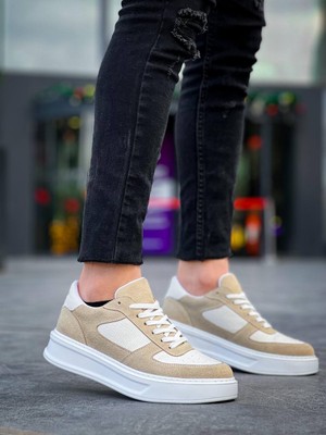 Zapatos Kb-X8 Erkek Günlük Bağcıklı Süet Cilt Spor Sneaker Ayakkabı Scbt - Bej/beyaz