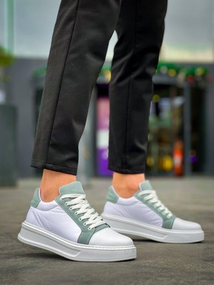Zapatos KB-X46 Erkek Günlük Bağcıklı Paraşüt Kumaş Cilt Süet Spor Sneaker Ayakkabı Pkcsbt - Beyaz/yeşil
