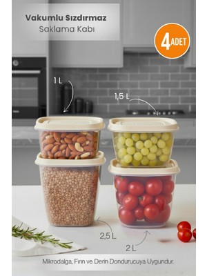 Orvila Krem 4'lü Vakumlu Sızdırmaz Kapaklı Saklama Kabı Erzak Düzenleyici Set 1l, 1,5l, 2l, 2,5l