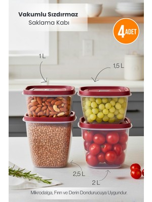 Orvila Kırmızı 4'lü Vakumlu Sızdırmaz Kapaklı Saklama Kabı Erzak Düzenleyici Set 1l, 1,5l, 2l, 2,5l