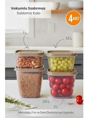 Orvila Vizon 4'lü Vakumlu Sızdırmaz Kapaklı Saklama Kabı Erzak Düzenleyici Set 1l, 1,5l, 2l, 2,5l