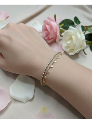 Huma Butik Takı Aksesuar Çift Sıra Zincir ve Üçgen Detaylı Çelik Bileklik