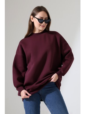 Endies Yarım Balıkçı Yaka Oversize Geniş Kesim Pamuklu Yumuşak Dokulu Basic Kadın Tunik Sweatshirt 21910 Mürdüm