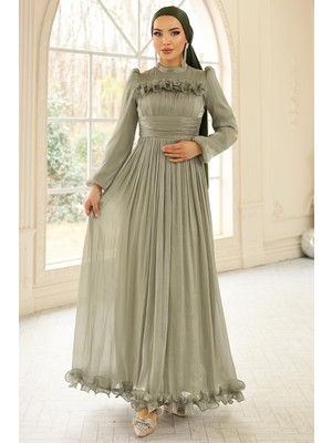 Olcay Fırfır ve Pilise Detaylı Yoryo Ipek Tesettür Abiye Elbise Açık Yeşil 1250