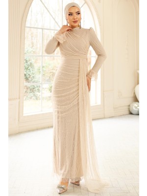 Olcay Volan Detaylı Dantel Tesettür Abiye Elbise Krem 1251