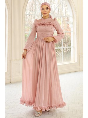 Olcay Fırfır ve Pilise Detaylı Yoryo Ipek Tesettür Abiye Elbise Pudra 1250