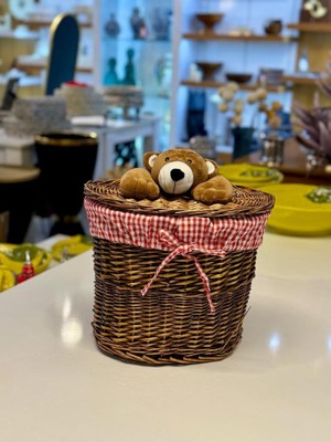 Sever Kahverengi Peluş Detay Oval Hasır Çamaşır/oyuncak Sepeti 31X24X27CM