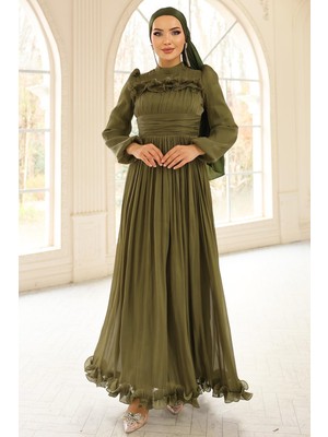 Olcay Fırfır ve Pilise Detaylı Yoryo Ipek Tesettür Abiye Elbise Yeşil 1250