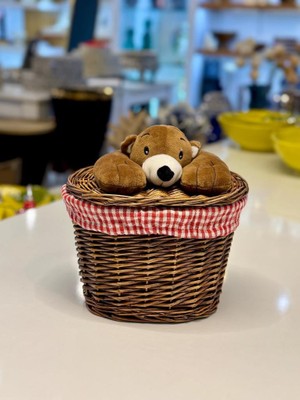 Sever Kahverengi Peluş Detay Oval Hasır Çamaşır/oyuncak Sepeti 23X17X17CM