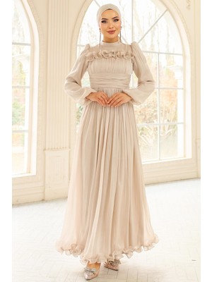 Olcay Fırfır ve Pilise Detaylı Yoryo Ipek Tesettür Abiye Elbise Taş 1250