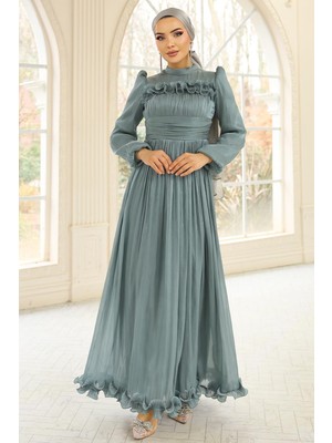 Olcay Fırfır ve Pilise Detaylı Yoryo Ipek Tesettür Abiye Elbise Su Yeşili 1250