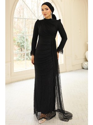 Olcay Volan Detaylı Dantel Tesettür Abiye Elbise Siyah 1251