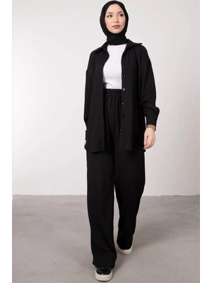 Tesettür Diyarı Gofre Kumaş Düğmeli Alt-Üst Tesettür Takım- Siyah