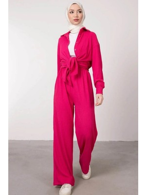 Tesettür Diyarı Gofre Kumaş Düğmeli Alt-Üst Tesettür Takım- Fuşya