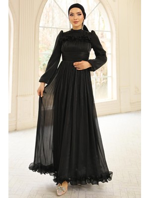 Olcay Fırfır ve Pilise Detaylı Yoryo İpek Tesettür Abiye Elbise SİYAH 1250