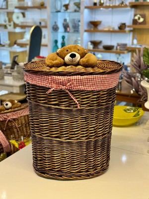 Sever Kahverengi Peluş Detay Oval Hasır Çamaşır/oyuncak Sepeti 50X38X57CM